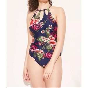 Kona Sol Tropical One Piece Swimsuit Navy Blue‎ Sz Medium Braided Straps